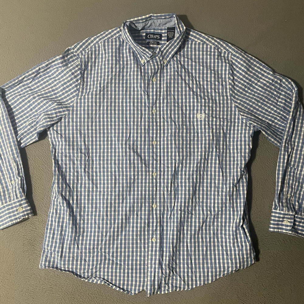 Chaps Ralph Lauren Shirt Mens 2XL XXL Blue Button Up‎ Crest Easy Care Stretch